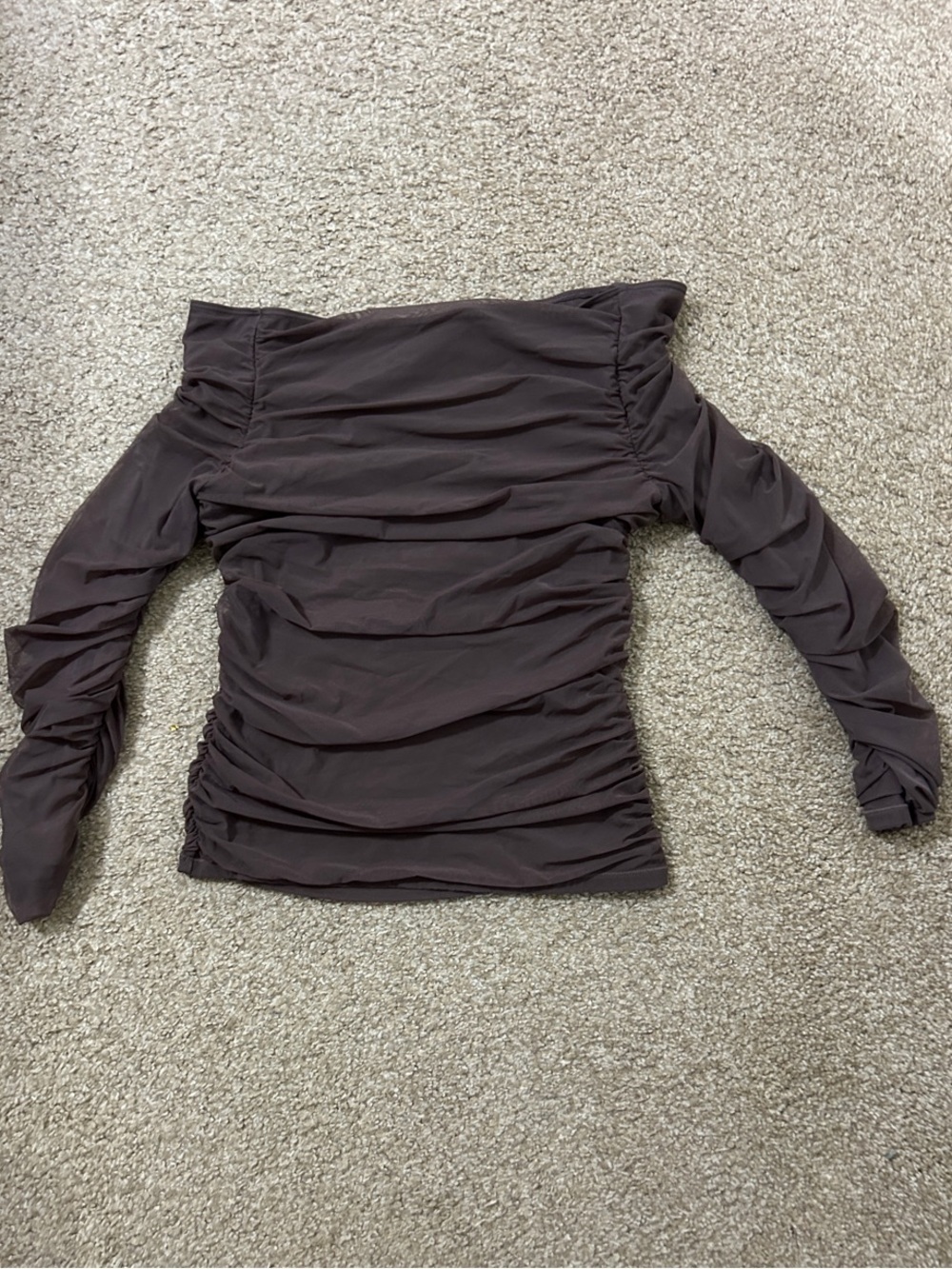 Off-Shoulder Ruched Long Sleeve Top in Chocolate Brown